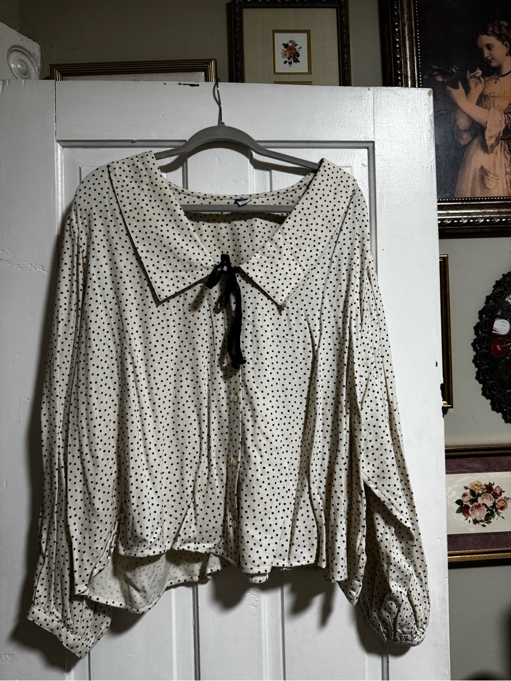 Old Navy Cream Blouse with Black Polka Dots and Tie Neck